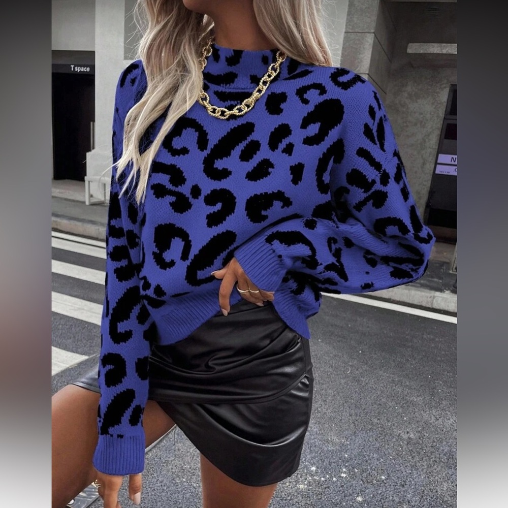 Leopard Print Sweater with Blue Accents